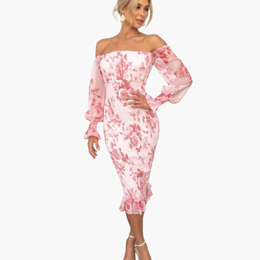 CM | Vestido midi veraniego para mujer con estampado floral y mangas transparentes