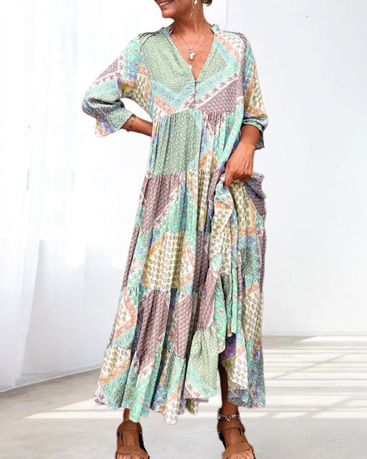 CM | Vestido maxi colorido con estampado colorblock y mangas 3/4
