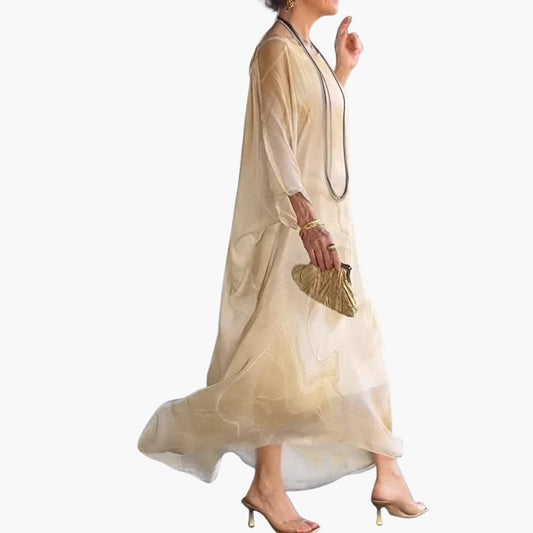 CM | Maxi vestido de mujer en gasa de seda con mangas murciélago y superposiciones