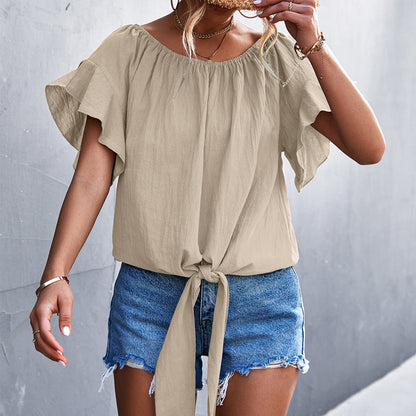 CM | Escote asimétrico Blusa de manga corta con nudo fijo delante