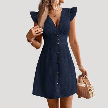 CM | Minivestido de mujer con mangas de volantes y tapeta de botones