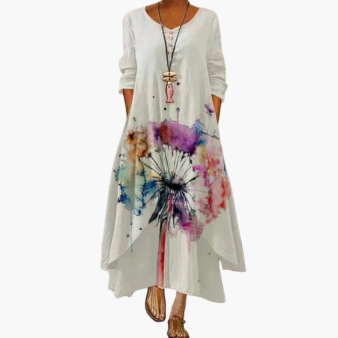 CM | Vestido maxi de verano para mujer con mangas largas y estampado floral