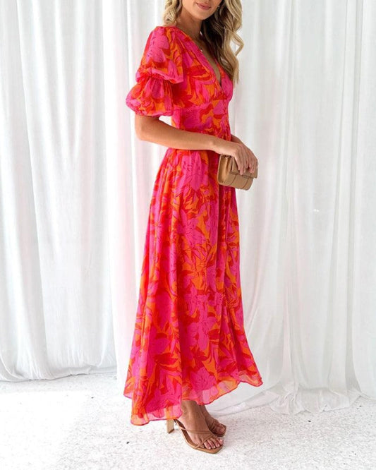 CM | Elegante maxi vestido con escote en V y mangas abullonadas