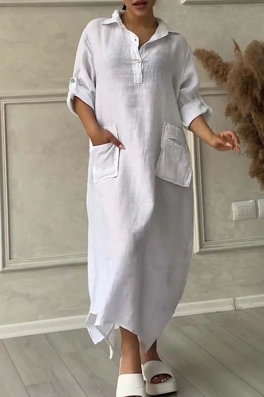 CM | Maxi vestido para mujer en lino y algodón con solapa