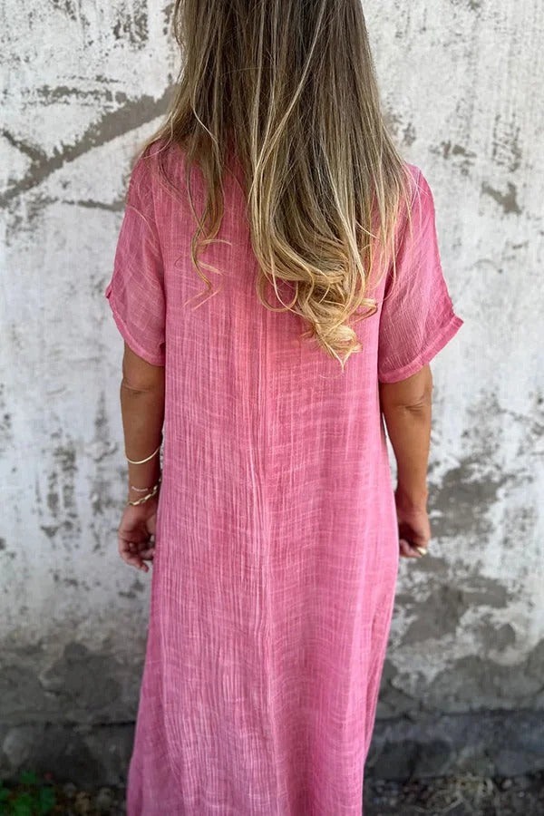CM | Bayside Bliss vestido midi suelto plisado de manga corta en mezcla de lino