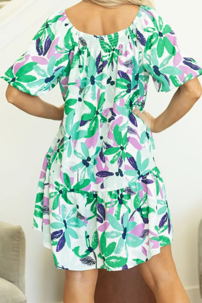 CM | Estampado floral Escote cuadrado fruncido Minivestido holgado