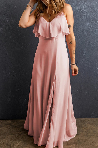 CM | Vestido largo con cuello en V y volantes en rosa claro