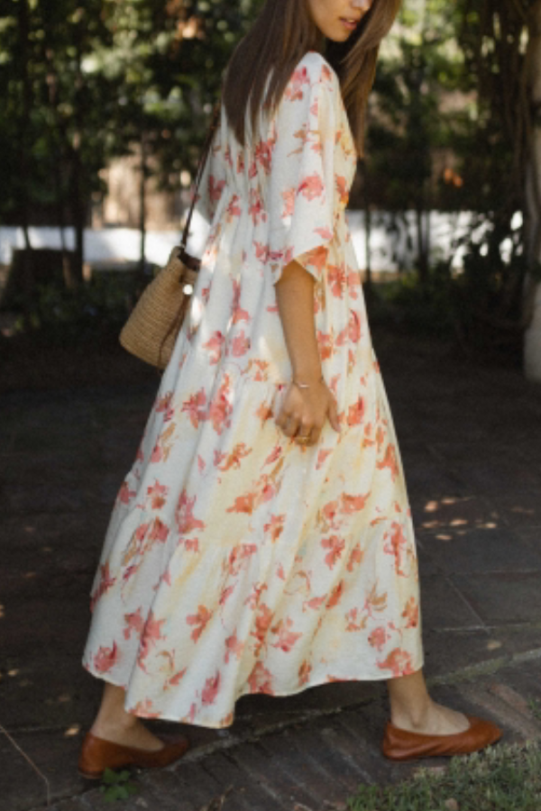 CM | Fashion Vestido largo estampado suelto con cuello en V