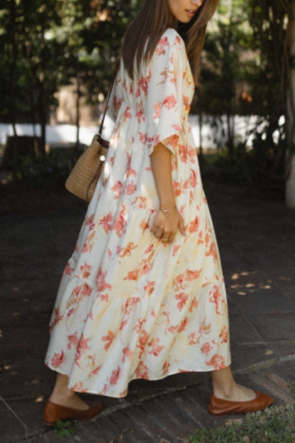 CM | Fashion Vestido largo estampado suelto con cuello en V