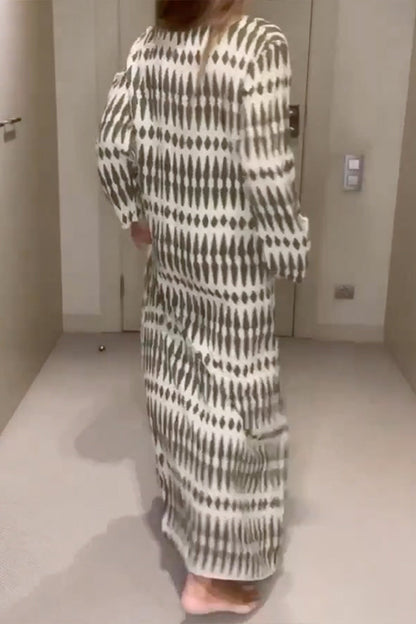 CM | Mangas Largas Estampado Suelto Cuello en V Maxi Vestidos