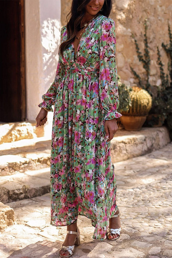 CM | Verde estampado floral Cuello en V profundo maxi vestido fruncido con cintura ceñida