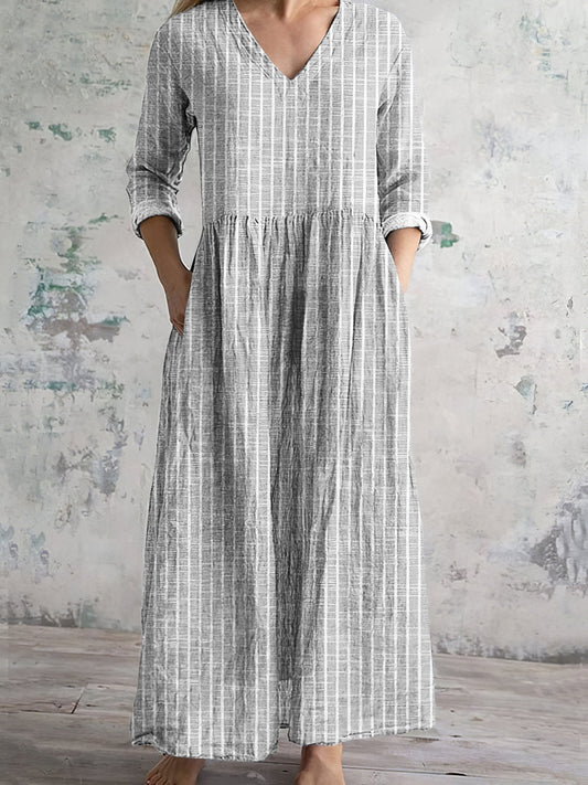 CM | Maxivestido de mujer - Fibras naturales - Corte relajado - Cuello en pico - Mangas largas - A rayas