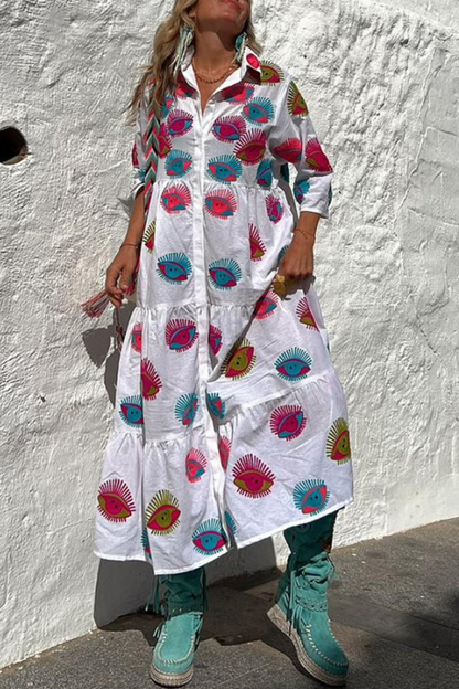 CM | Take Me To Cabo Ethnic Unique Print Botón Camisa Suelta Vestido Midi