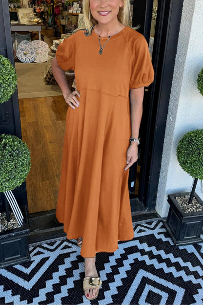 CM | Vestido largo de cuello redondo con mangas abullonadas para mujer