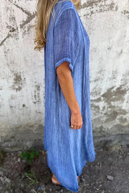 CM | Bayside Bliss vestido midi suelto plisado de manga corta en mezcla de lino