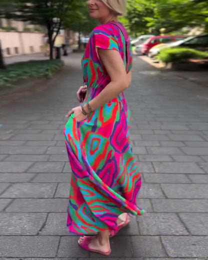 CM | Vestido largo con estampado de colores, escote en V y mangas raglán