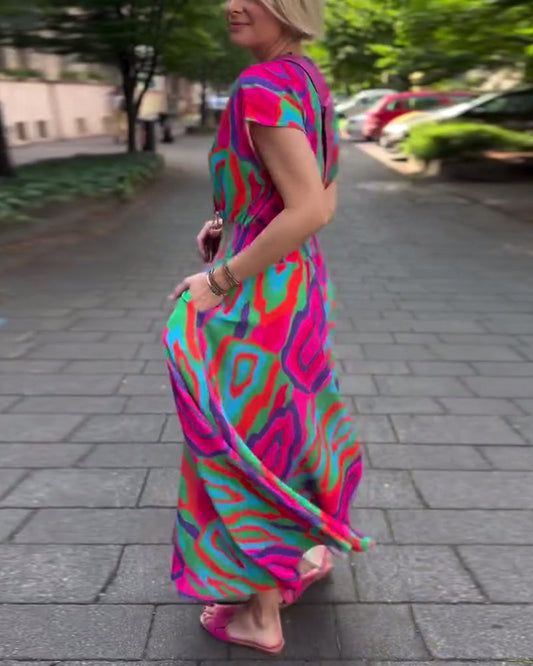 CM | Vestido largo con estampado de colores, escote en V y mangas raglán