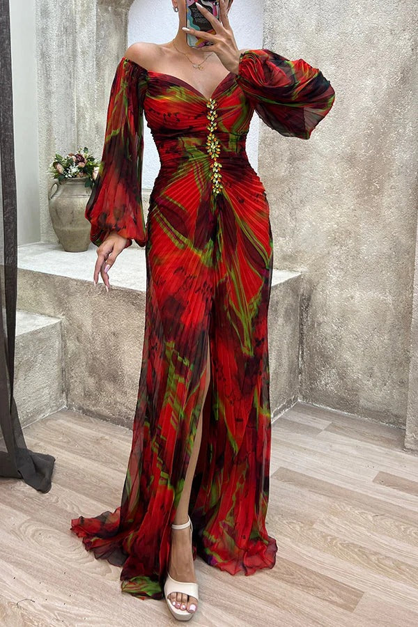 CM | Sunset Serenade maxi vestido estampado de hombros descubiertos con diamantes, pliegues y abertura
