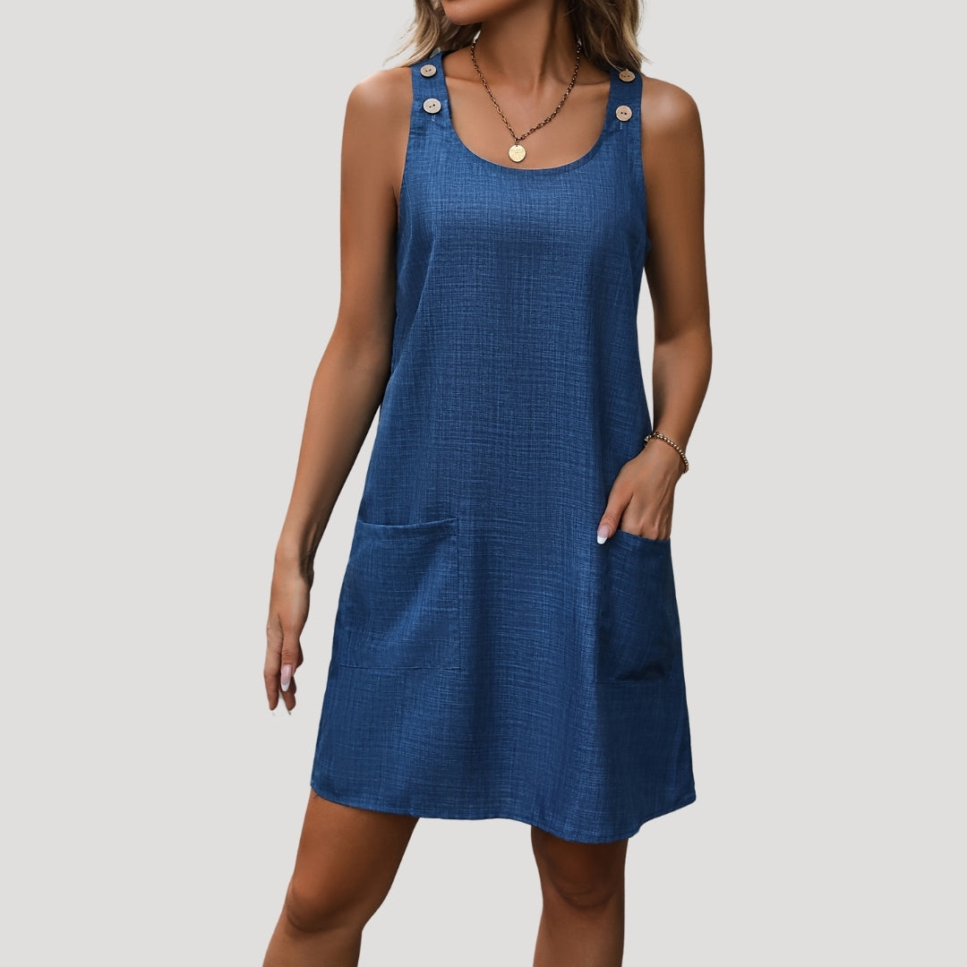 CM | Minivestido casual sin mangas para mujer con botones y tirantes