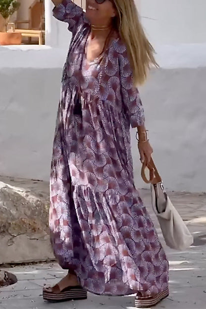 CM | Ibiza Fashion Print Cuello V Suelto Vestido Largo Manga Larga