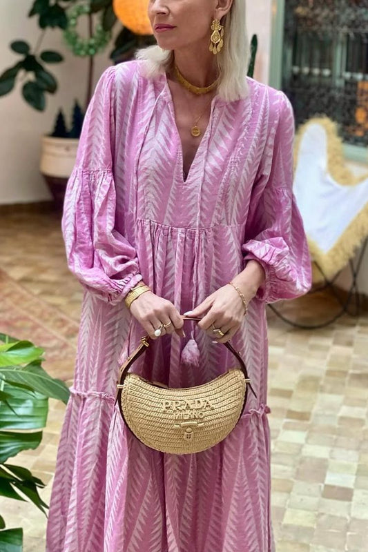 CM | Marrakech Stories Vestido midi estampado en mezcla de lino con mangas globo y bolsillos en forma de A