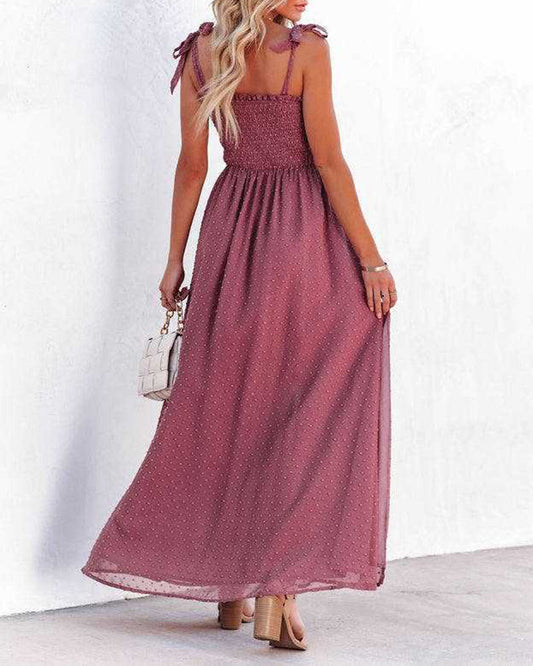 CM | Boho Espagueti Correa Cuello Cuadrado Lunares Bengala Playa Maxi Vestido