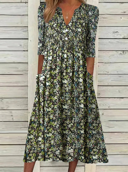 CM | Vestido de manga corta Día de San Patricio con cuello en V tejido y estampado floral Vestido Midi NNq20