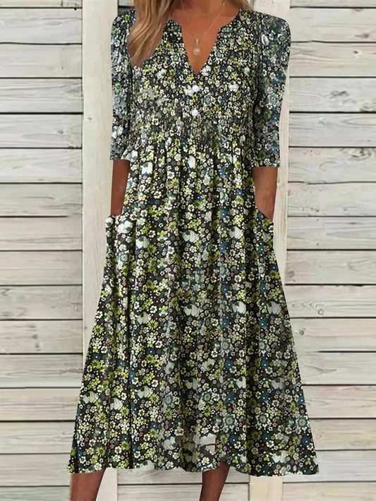 CM | Vestido de manga corta Día de San Patricio con cuello en V tejido y estampado floral Vestido Midi NNq20