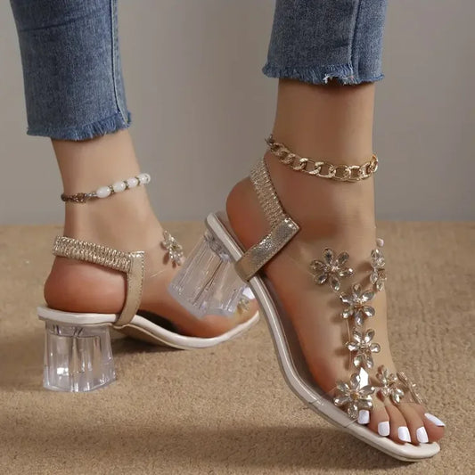 CM | | Sandalias de mujer con flor y tacón de strass