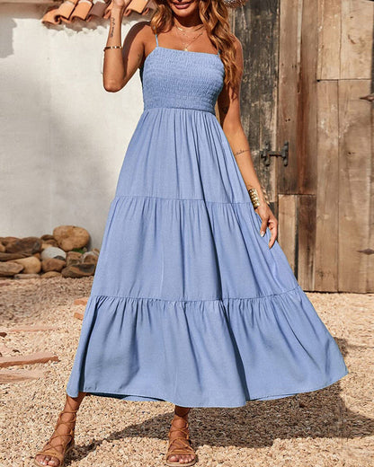 CM | Bohemio Vestido Largo Espagueti Correa Sólido Swing Playa Maxi Vestido Sin Mangas