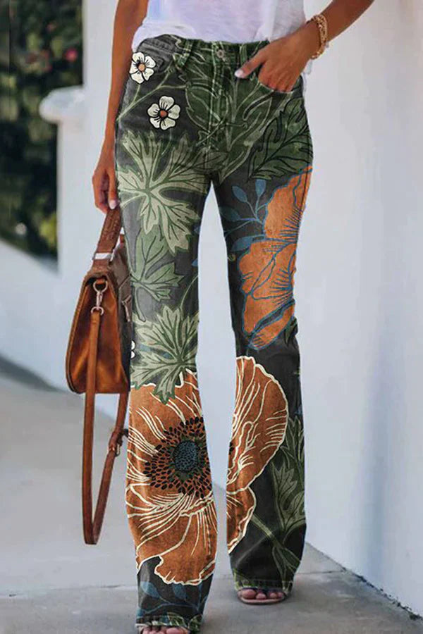 CM | Pantalones acampanados de tiro alto con estampado de imitación