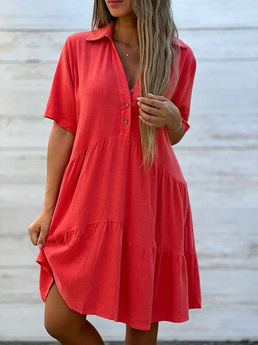 CM | Vestido femenino informal, monocolor, de manga corta, de algodón y lino