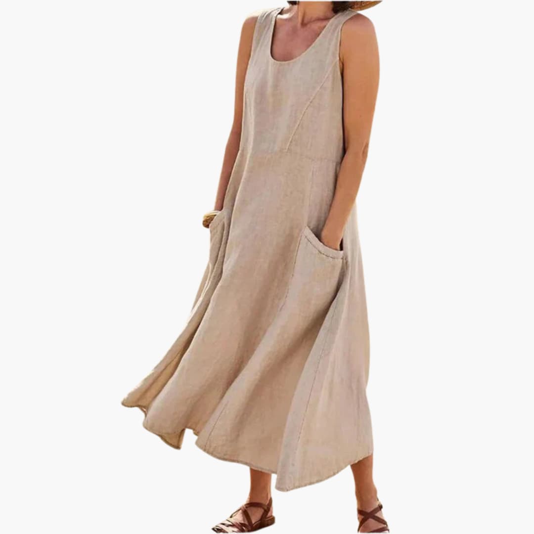 CM | Vestido midi sin mangas de lino para mujer con escote redondo y bolsillos