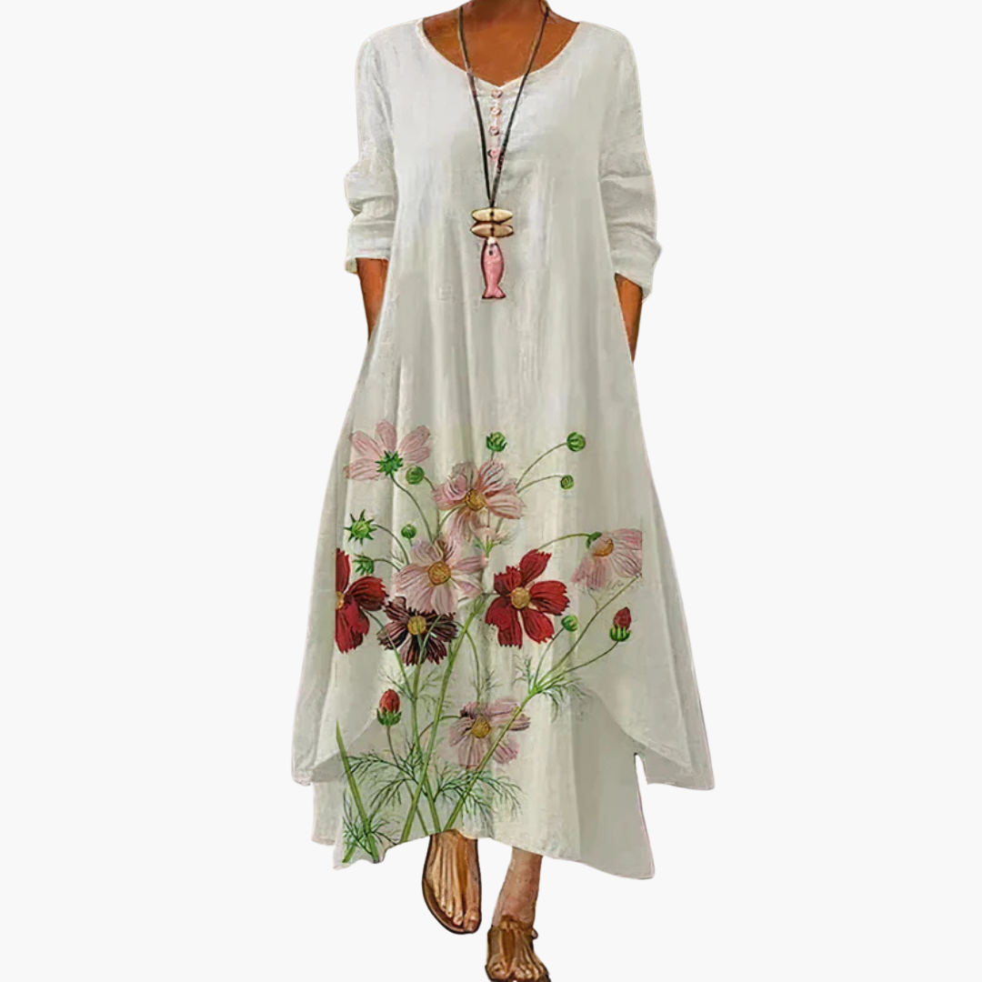 CM | Vestido maxi de verano para mujer con mangas largas y estampado floral