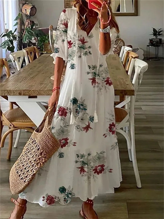 CM | maxi vestido de mujer - estampado floral - material ligero - cuello en V - mangas 3/4 - corte casual