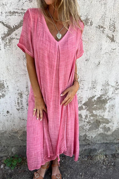 CM | Bayside Bliss vestido midi suelto plisado de manga corta en mezcla de lino