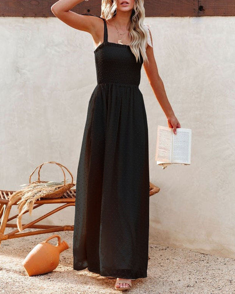 CM | Boho Espagueti Correa Cuello Cuadrado Lunares Bengala Playa Maxi Vestido