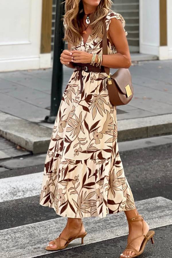 CM | Vestido largo marrón con cuello en V y estampado de hojas