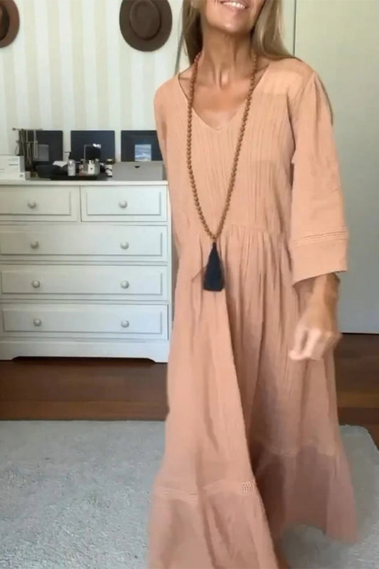 CM | Mujeres Color Sólido Cuello en V Comfy Maxi Vestido
