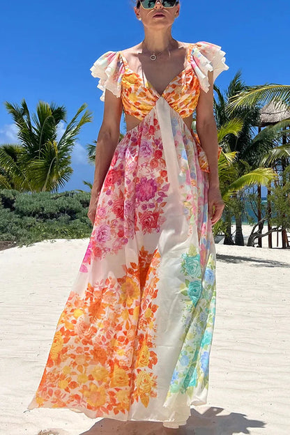 CM | Blooming Beauty Maxi Vestido Floral con Cuello de Volantes y Lazo en la Espalda Multicolor