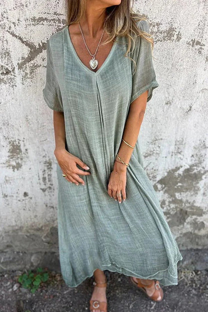 CM | Bayside Bliss vestido midi suelto plisado de manga corta en mezcla de lino