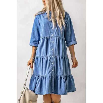 CM | Mini vestido de chambray con volantes y tapeta de botones en denim