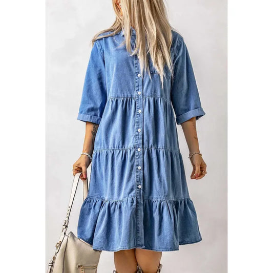 CM | Mini vestido de chambray con volantes y tapeta de botones en denim
