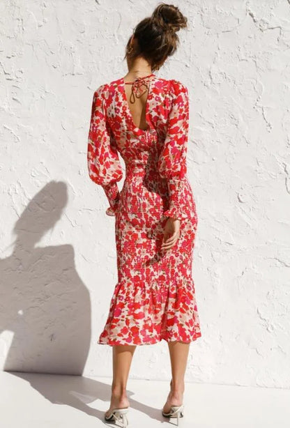 CM | Vestido midi de mujer - Escote en pico - Mangas globo - Dobladillo fruncido - Silueta entallada