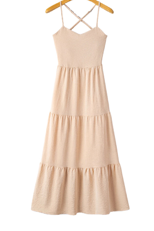 CM | Vestido cruzado en color avena con corpiño sin espalda y maxi vestido con capas