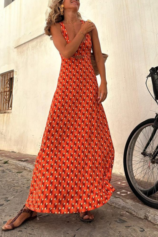CM | Naranja Manga Corta Estampado Regular Vestido Largo Tirantes