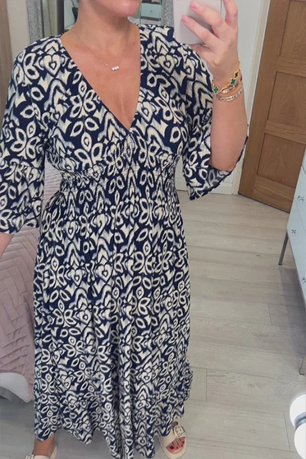 CM | Bohème vestido largo con cuello en V y cintura envolvente y estampado informal