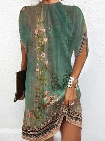 CM | Mangas murciélago Mini vestido suelto con estampado floral y escote redondo