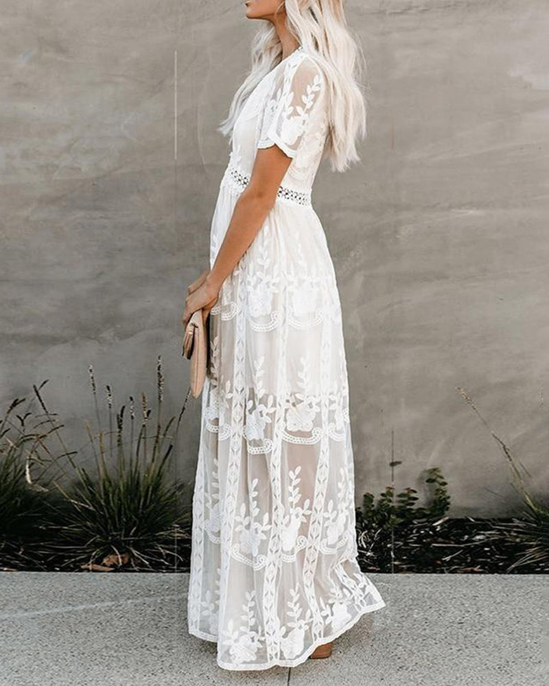 CM | Boho Maxi Vestido Bordado Blanco Encaje Loose Holiday Beach Maxi Dress
