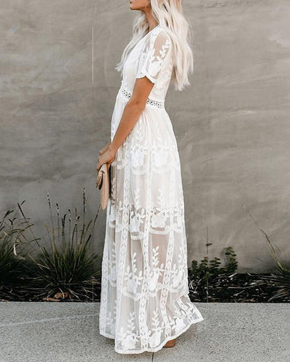 CM | Boho Maxi Vestido Bordado Blanco Encaje Loose Holiday Beach Maxi Dress